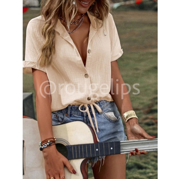 Cotton Beige Short Sleeve Collared Shirt Drawstring Ties Rolled Sleeve Cuff - Picture 7 of 8